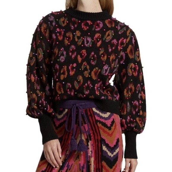 Farm Rio Beaded Ikat Leopard Print Sweater Black Crew Neck Balloon Sleeve M - Picture 1 of 16